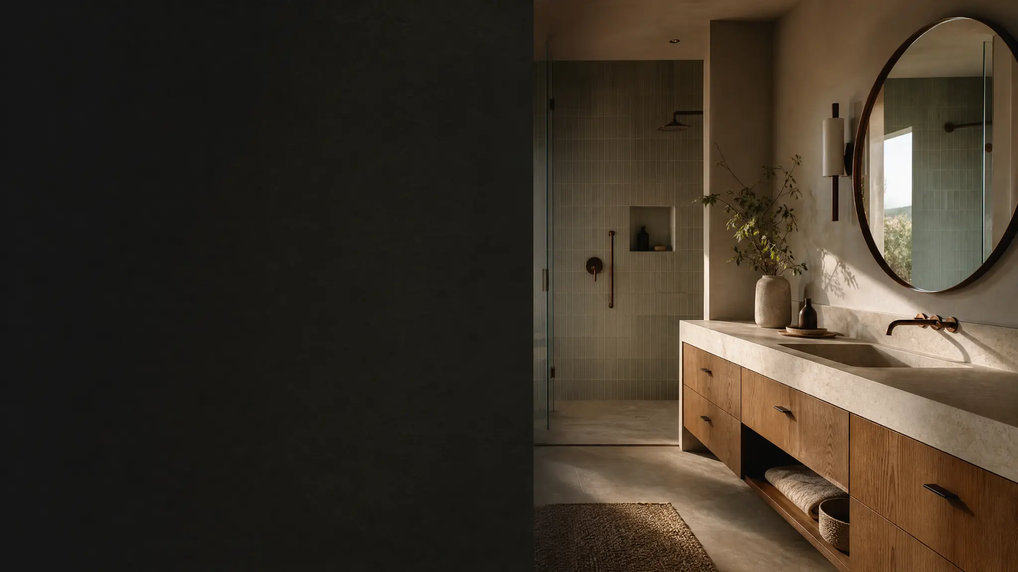 Conceptual bathroom remodeling design with warm stone and walnut finishes