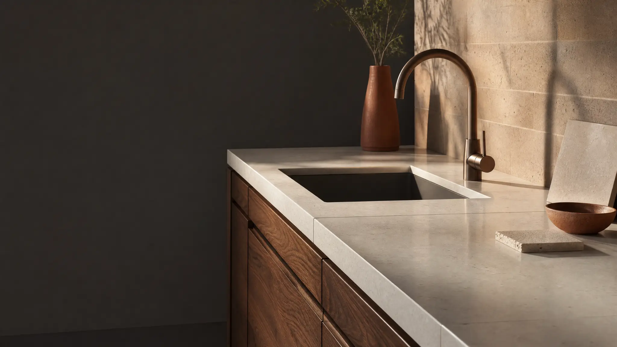 Conceptual kitchen countertop detail in warm natural stone