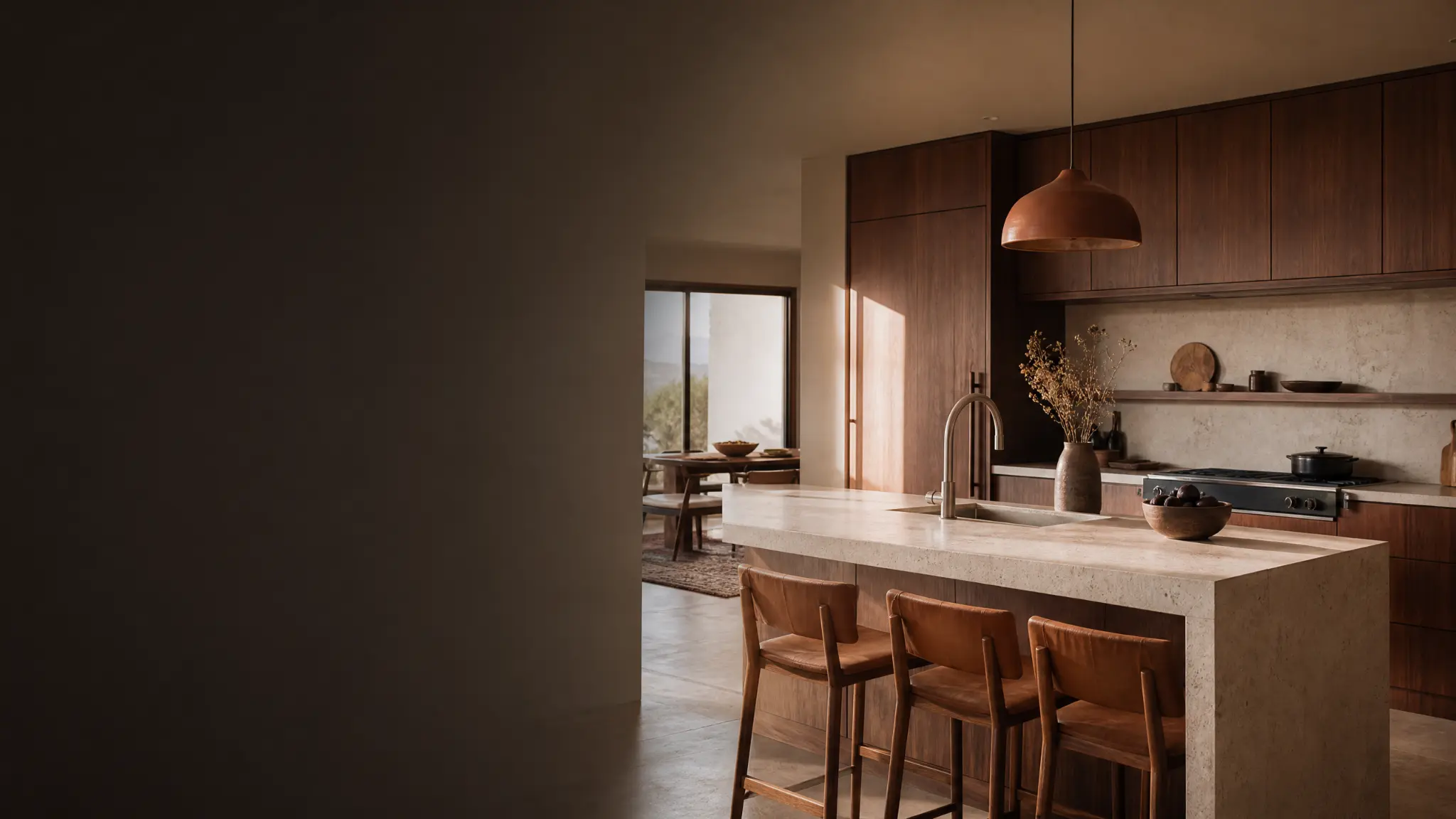 Conceptual kitchen remodeling design with warm cabinetry and stone surfaces